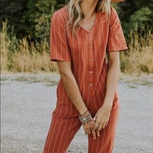Red striped jumpsuit  with cropped legs